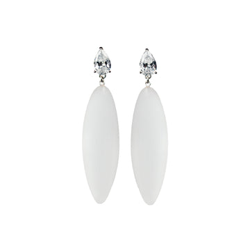 transparent rubber, large earrings , drop shaped white stone, white background.